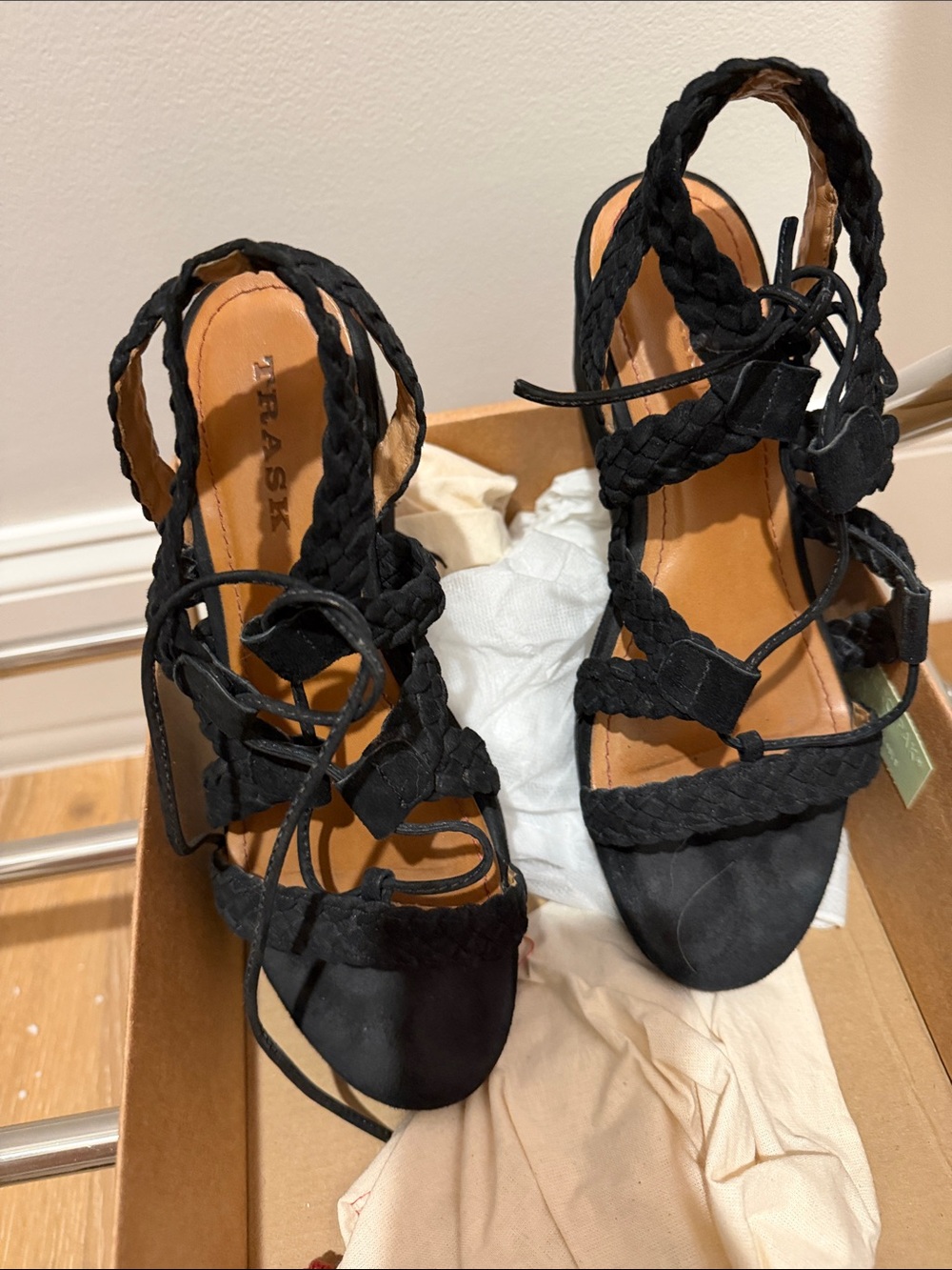 Braided Lace-Up Black Heeled Sandals